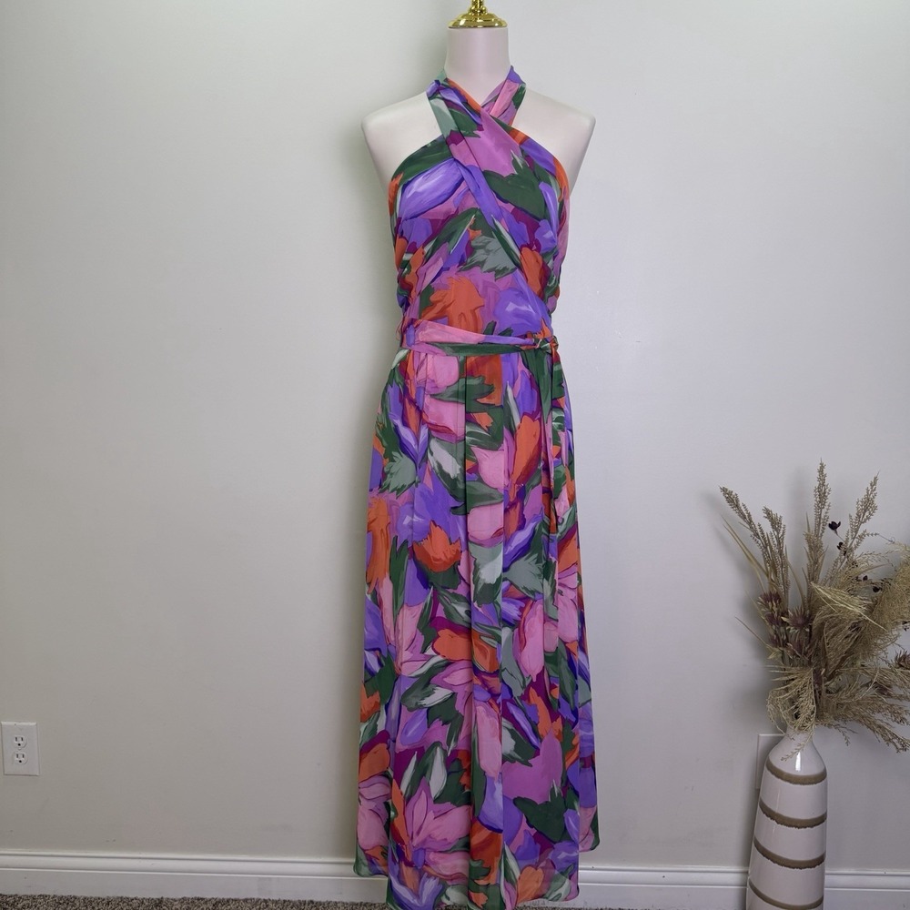 London Style Collection Floral Halter Maxi Dress Purple Pink Size 10